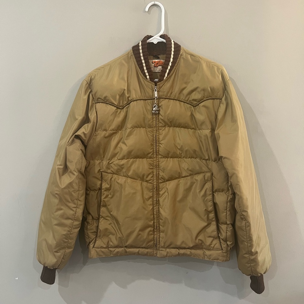 Vintage COMFY Down Jacket Men’s Small Tan Puffer Western Down Bomber Made in USA